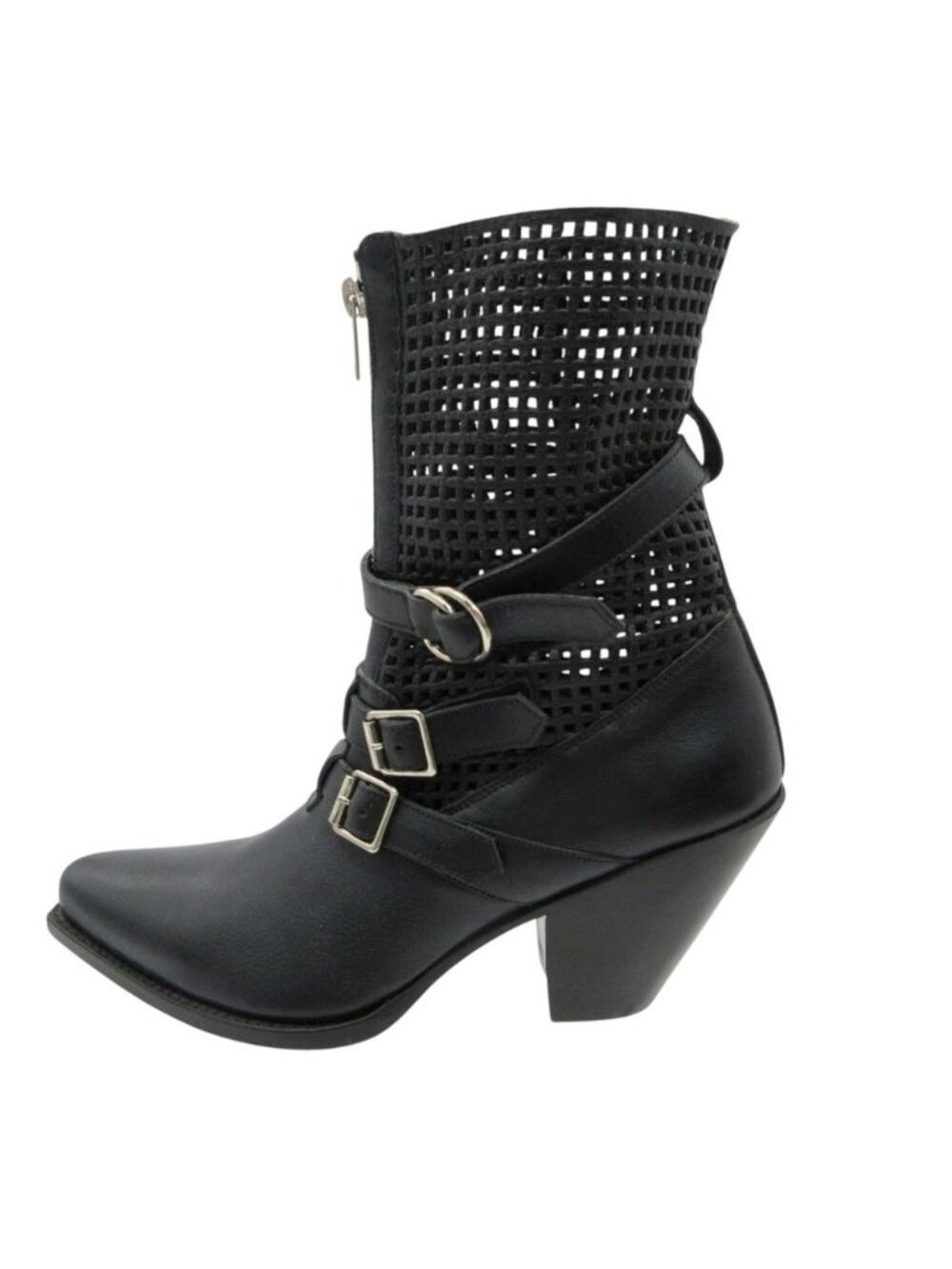 Celine Boots Short Mesh Leather Belt Center Zip Heels Shoes Black